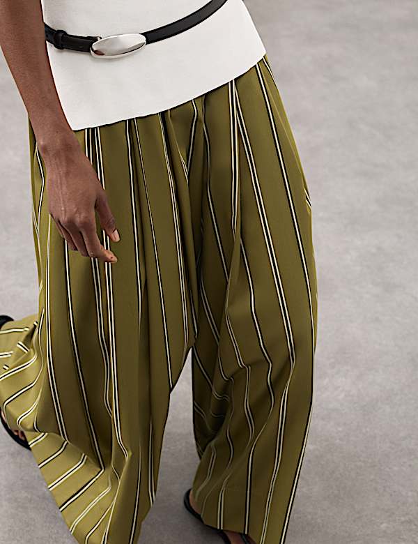 Striped Pleat Front Wide Leg Trousers - US