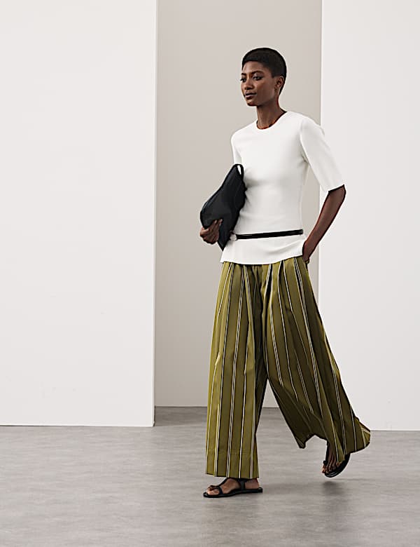 Striped Pleat Front Wide Leg Trousers - US