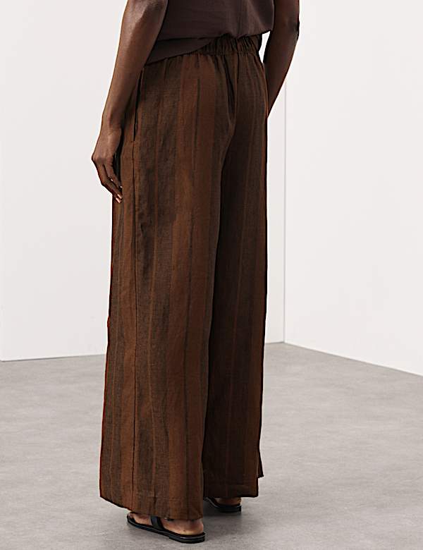 Pure Flax Linen Striped Wide Leg Trousers - MV