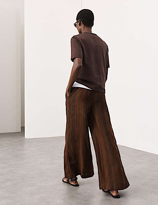 Pure Flax Linen Striped Wide Leg Trousers - MV
