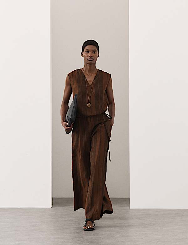 Pure Flax Linen Striped Wide Leg Trousers - MV