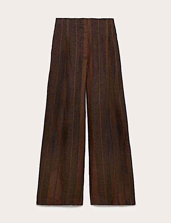 Pure Flax Linen Striped Wide Leg Trousers - MV