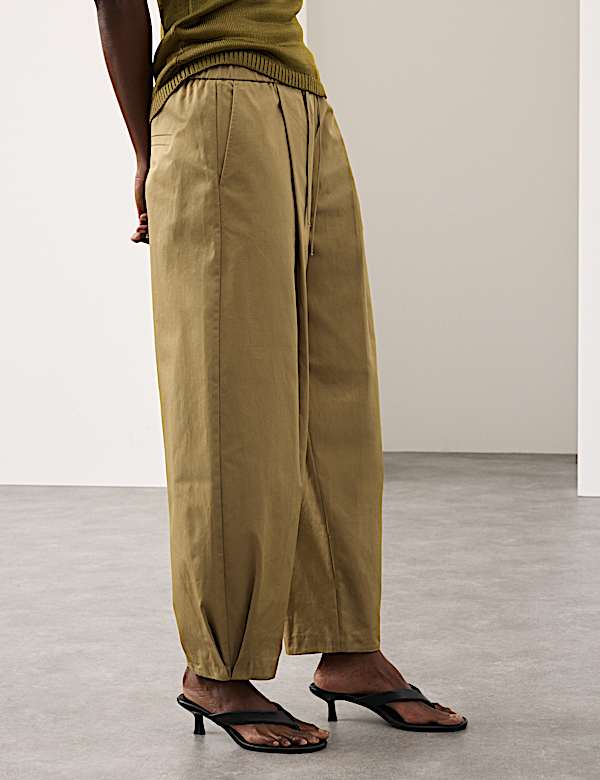 Pure Cotton Drawstring Barrel Trousers - FI