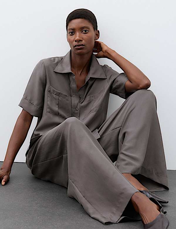 Pure Silk Gathered Waist Wide Leg Trousers - AL