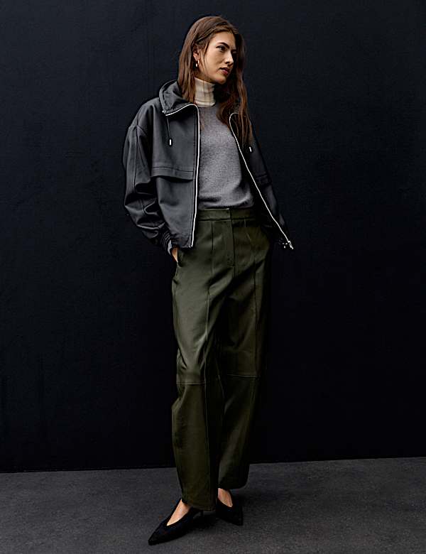 Leather Seam Detail Barrel Leg Trousers - UA