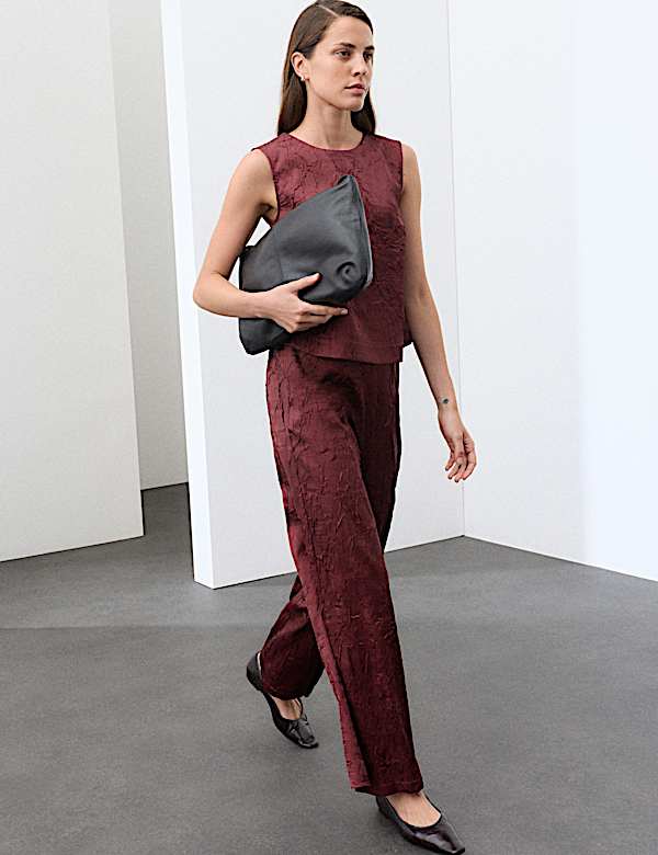 Satin Textured High Waisted Wide Leg Trousers - UA