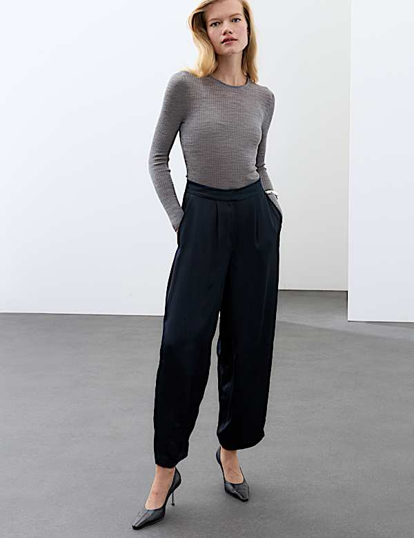 Satin Pleat Front Barrel Leg Cropped Trousers - JO