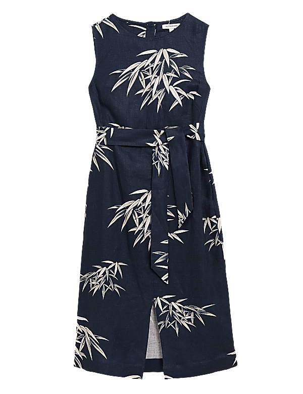 Irish Linen Printed Belted Midi Shift Dress