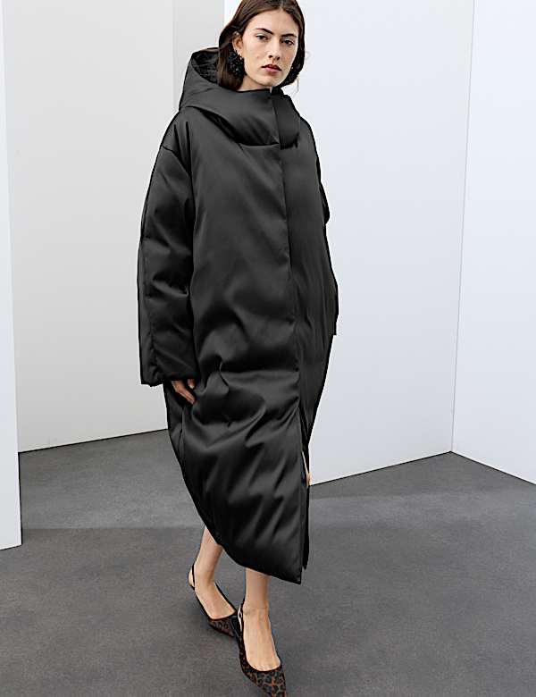 Feather & Down Satin Relaxed Hooded Maxi Puffer Coat - BE