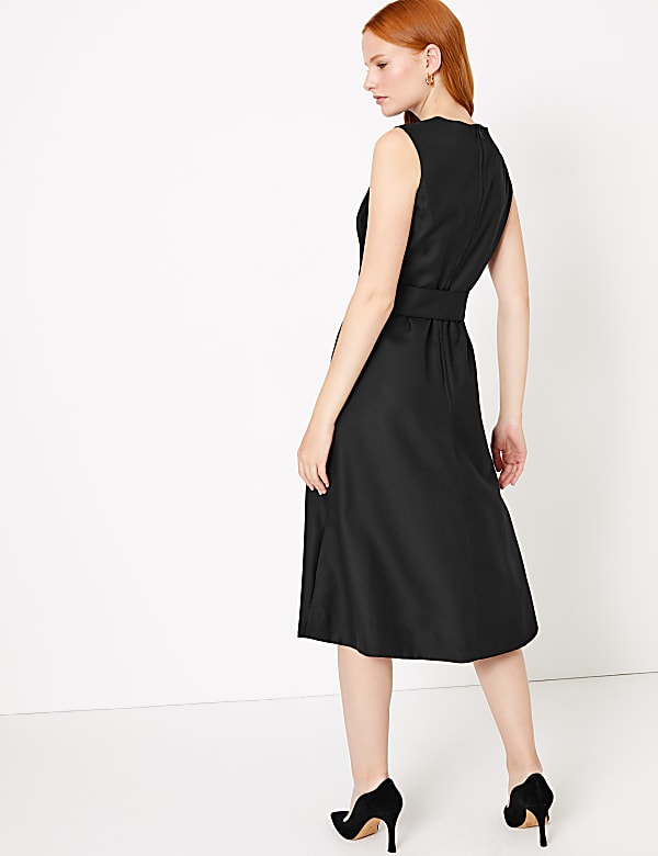 Wool Blend Belted Fit & Flare Midi Dress