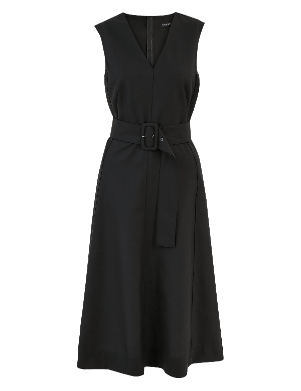 Wool Blend Belted Fit & Flare Midi Dress