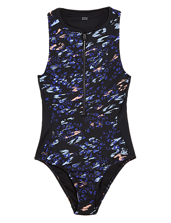 Printed Zip Up High Neck Swimsuit