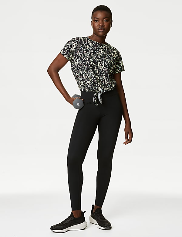 Printed Scoop Neck Tie Front Cropped Top - LU