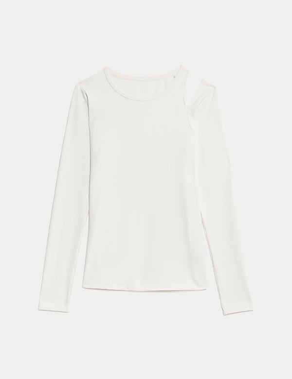 Nauwsluitende, geribbelde yogatop met blote schouder - NL