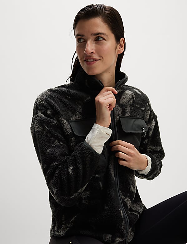 Borg Printed Funnel Neck Zip Up Fleece Jacket - ID