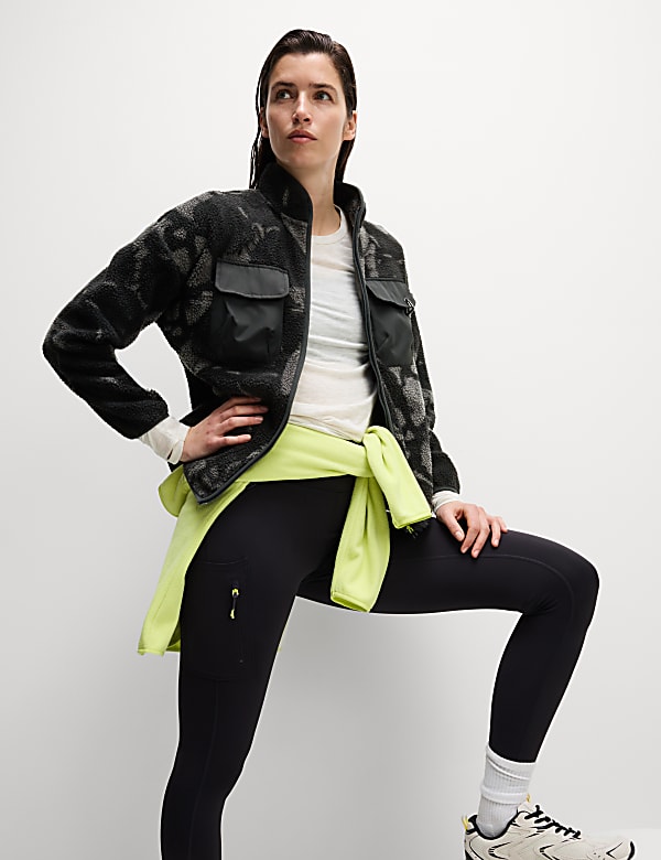 Borg Printed Funnel Neck Zip Up Fleece Jacket - ID