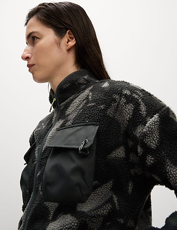 Borg Printed Funnel Neck Zip Up Fleece Jacket - ID