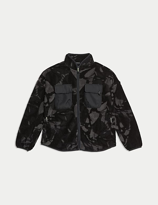 Borg Printed Funnel Neck Zip Up Fleece Jacket - ID