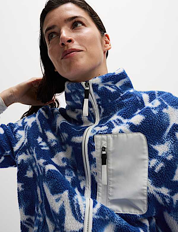 Borg Printed Funnel Neck Zip Up Fleece Jacket - IL