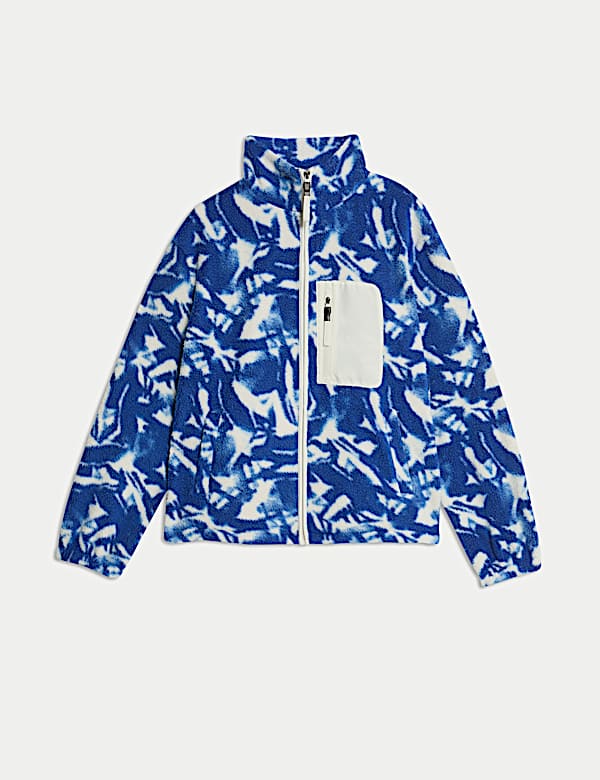 Borg Printed Funnel Neck Zip Up Fleece Jacket - IL