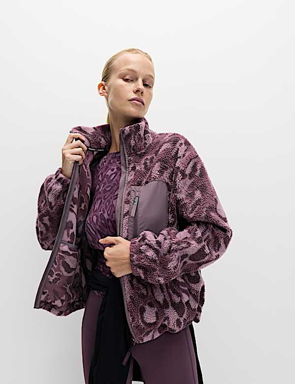 Borg Printed Funnel Neck Zip Up Fleece Jacket - MX