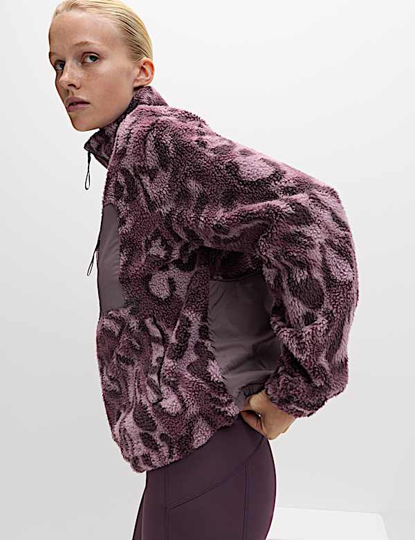 Borg Printed Funnel Neck Zip Up Fleece Jacket - MX