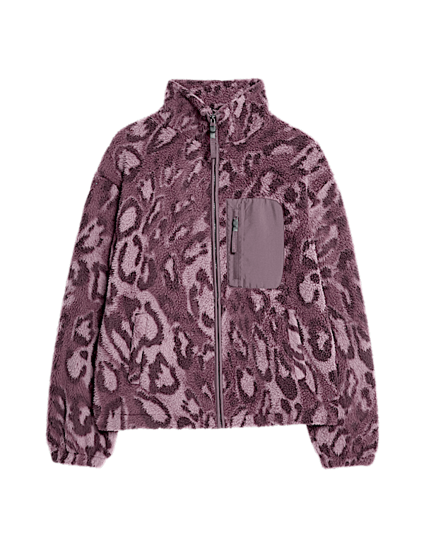 Borg Printed Funnel Neck Zip Up Fleece Jacket