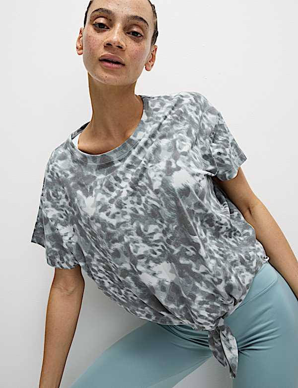 Cotton Blend Printed Tie Front Crop T-Shirt - IS