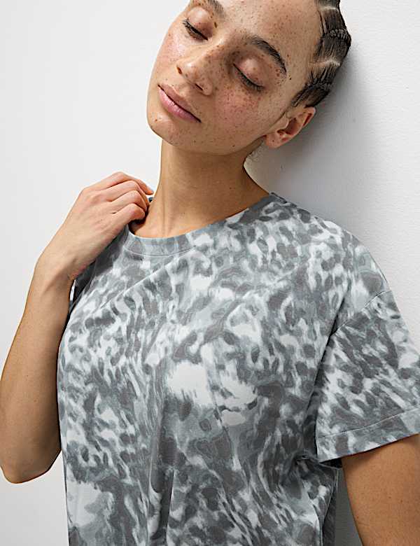 Cotton Blend Printed Tie Front Crop T-Shirt - IS