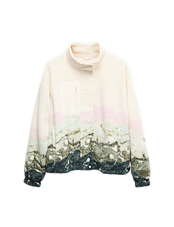 Borg Printed Funnel Neck Fleece Jacket