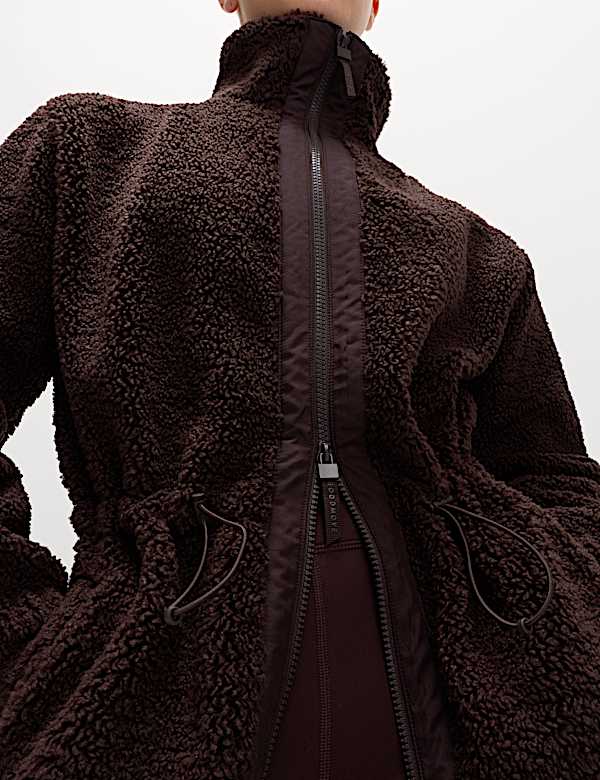 Faux Shearling Fleece Funnel Neck Zip Up Coat - LU