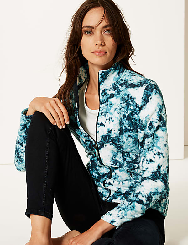 Printed Funnel Neck Fleece Jacket  - US