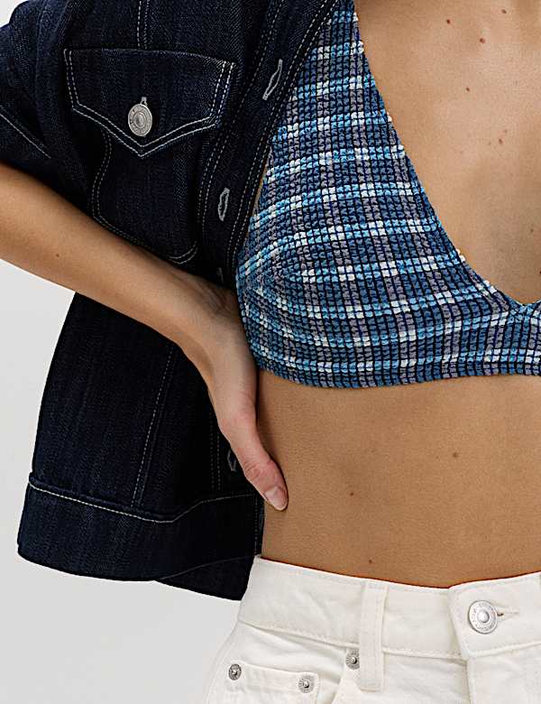 Textured Checked Padded Scoop Neck Bikini Top - NZ