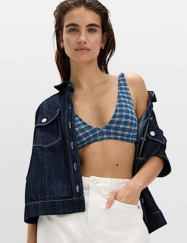 Textured Checked Padded Scoop Neck Bikini Top - NZ