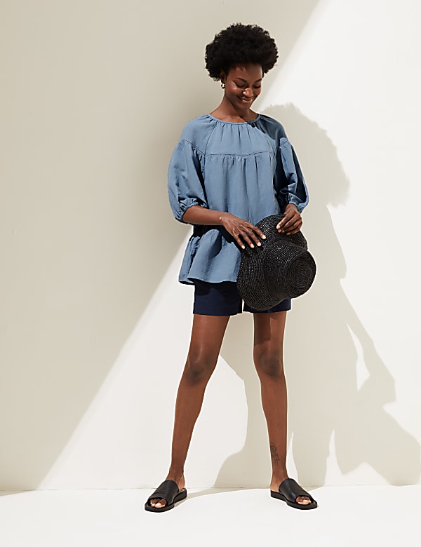 High Neck Puff Sleeve Top with Linen