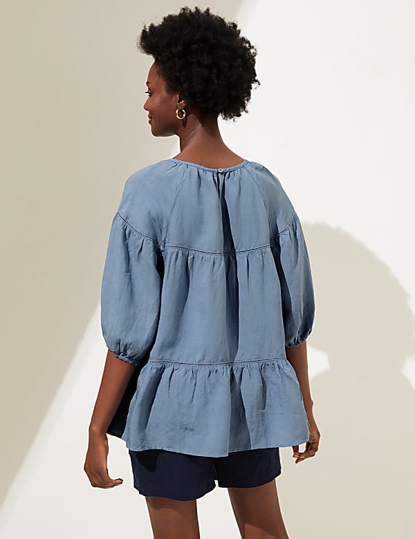 High Neck Puff Sleeve Top with Linen