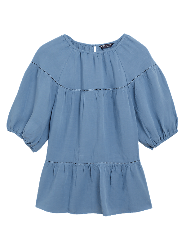 High Neck Puff Sleeve Top with Linen