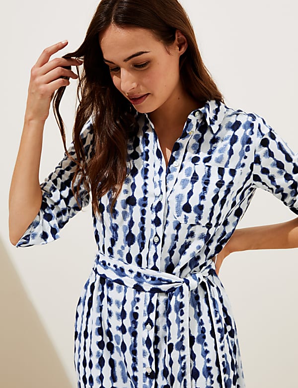Linen Rich Printed Belted Midi Shirt Dress