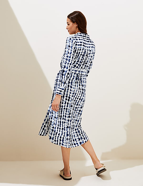 Linen Rich Printed Belted Midi Shirt Dress