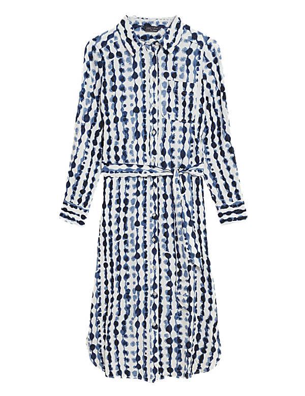 Linen Rich Printed Belted Midi Shirt Dress