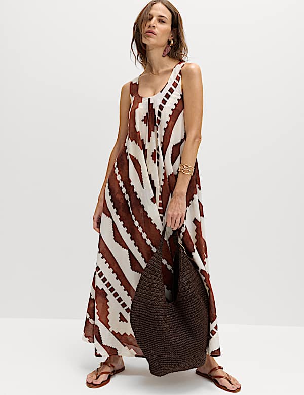 Pure Cotton Printed Scoop Neck Maxi Beach Dress