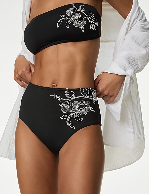 Embroidered High Waisted Bikini Bottoms