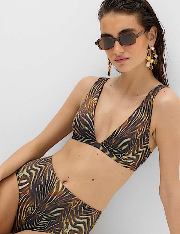 Animal Print Padded Plunge Bikini Top - AL