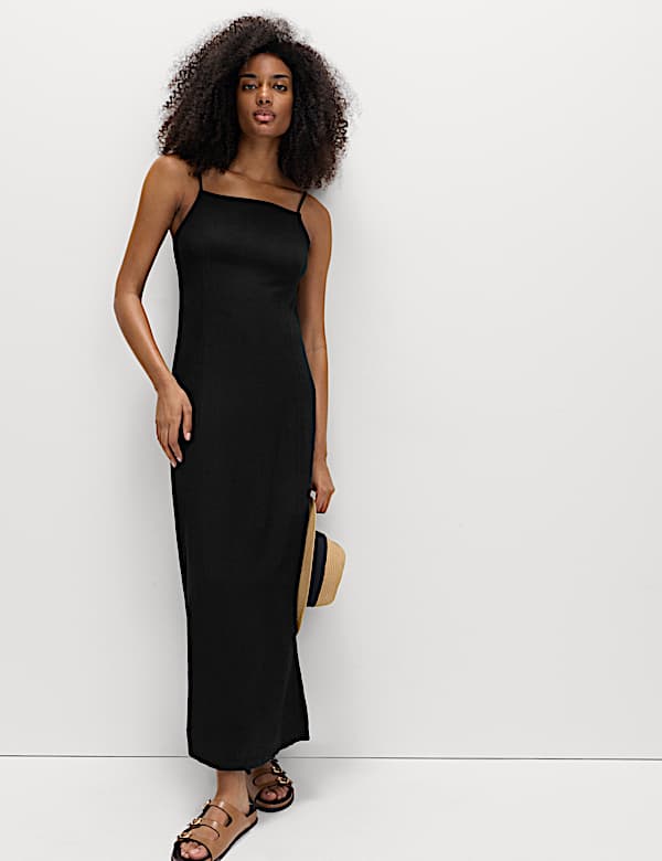 Square Neck Maxi Shift Dress with Linen - CH