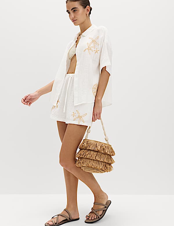 Kemeja Pantai Lengan Pendek Bordir Bahan Katun - ID