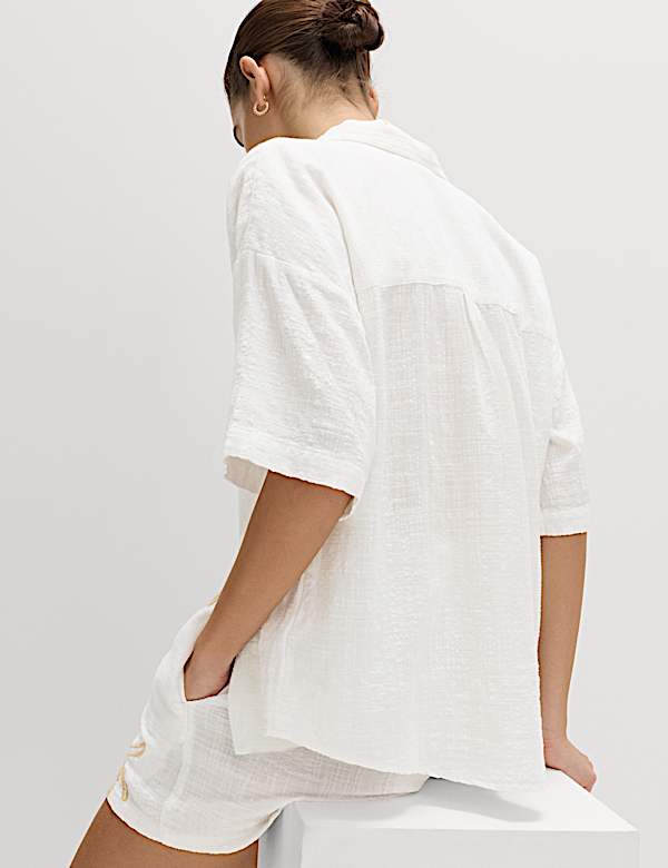 Kemeja Pantai Lengan Pendek Bordir Bahan Katun - ID