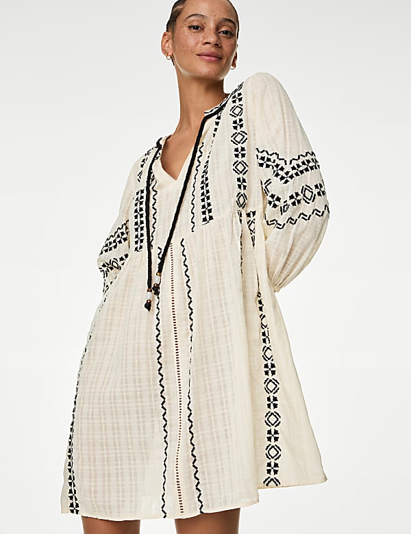 Pure Cotton Embroidered Tie Neck Mini Kaftan