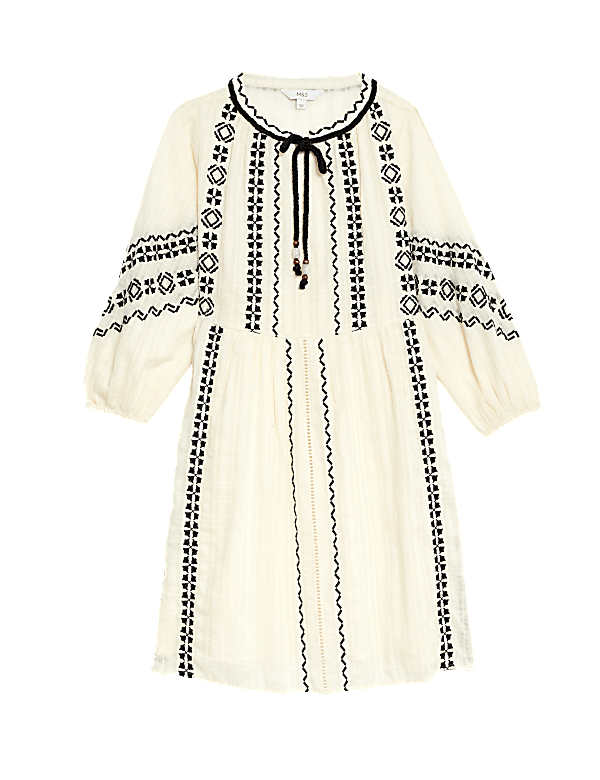 Pure Cotton Embroidered Tie Neck Mini Kaftan