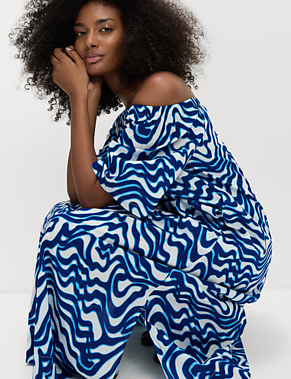 שמלת חוף בגזרת ברדו חושפת כתפיים מכותנה טהורה עם הדפס - IL