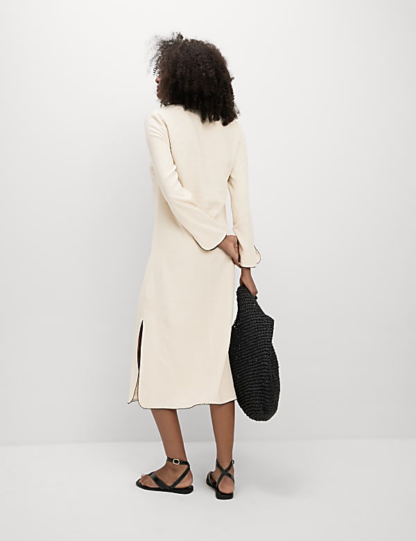 Linen Rich Embroidered Midi Shift Dress